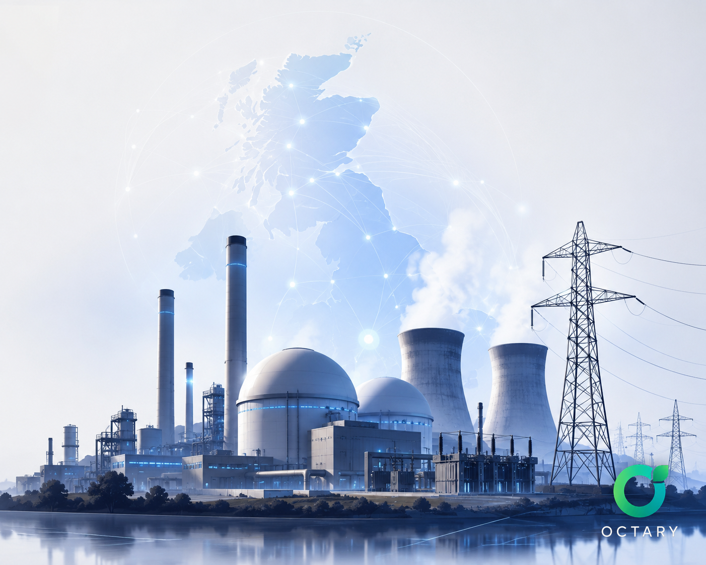 Illustration of UK nuclear and thermal power stations, substations and the national electricity grid